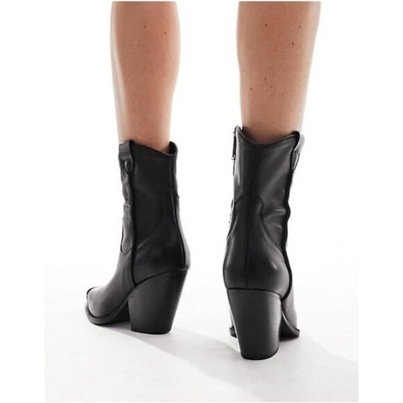 Women's Black Western Cowgirl Ankle Boots Stacked Block Heel Steel Toe Heeled - Picture 6 of 7